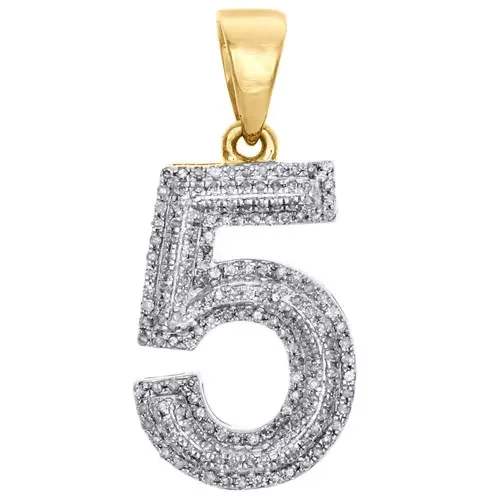 10K Yellow Gold Round Diamond Number 5 Bubble Pendant Pave Dome Charm 0.50 CT.