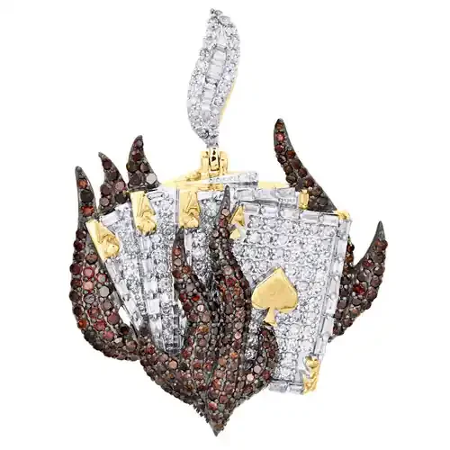 10K Yellow Gold Round Diamond Quad Aces Statement Pendant 1.75″ Charm 3.33 CT.