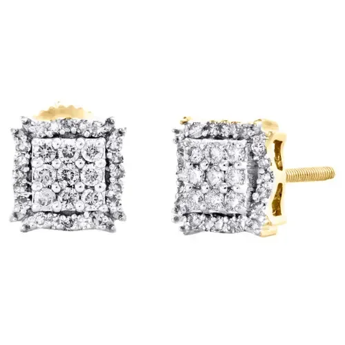 10K Yellow Gold Round Diamond Square Frame 4 Prong Stud 7mm Pave Earrings 1/3 CT