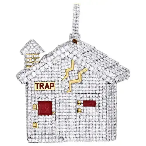 10K Yellow Gold Round Diamond Statement Trap House Pendant 2.75″ Charm 14 CT.