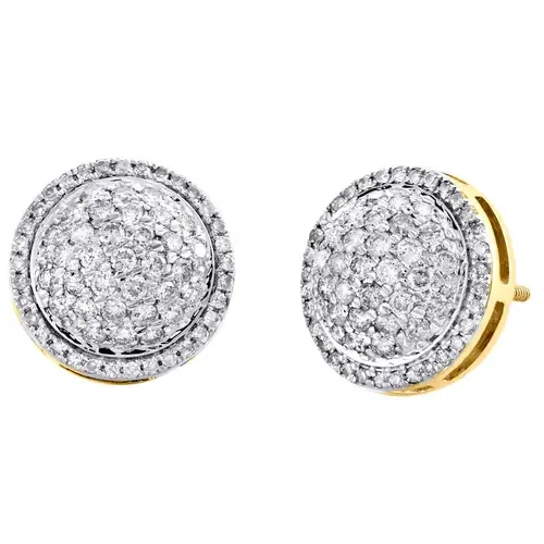 10K Yellow Gold Round Diamond Tier Statement Stud 12mm Circle Dome Earrings 1 CT