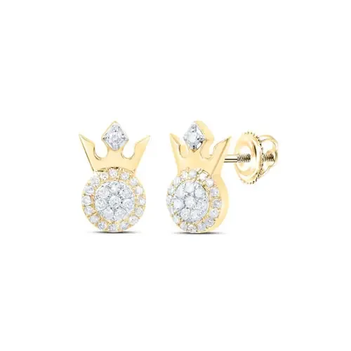 10K Yellow Gold Round Diamond Unisex Halo Circle w/ Crown Stud Earrings 1/5 CT