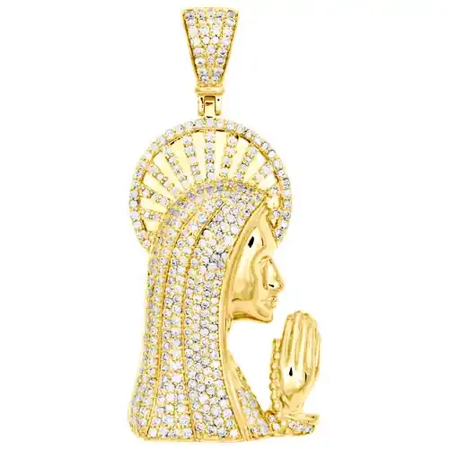 10K Yellow Gold Round Diamond Virgin Mother Mary Pendant 1.8″ Pave Charm 1.40 CT