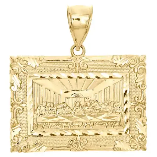 10K Yellow Gold Square Frame Last Supper Religious Pendant 1.50″ Statement Charm