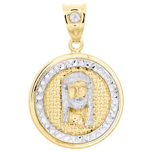 10K Yellow Gold Two Tone Diamond Cut Jesus Face Medallion Pendant 1.40″ Charm