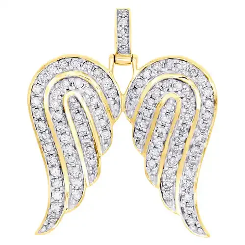 10K Yellow Gold Unisex Diamond Angel Wings Pendant 1.20″ Mini Pave Charm 1 CT.