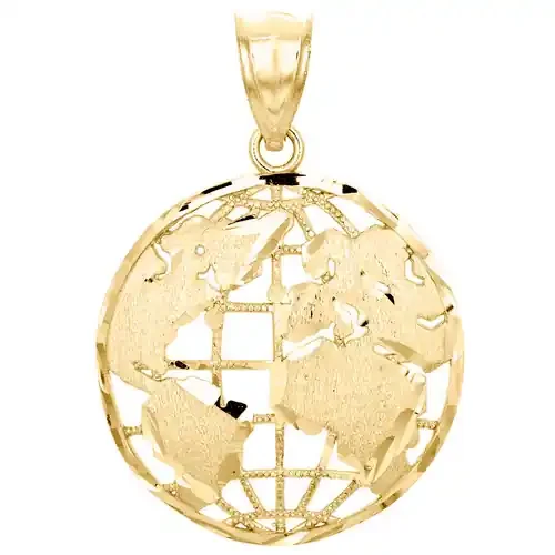 10K Yellow Gold World Map Globe Diamond Cut Pendant 1.30″ Men‘s Statement Charm