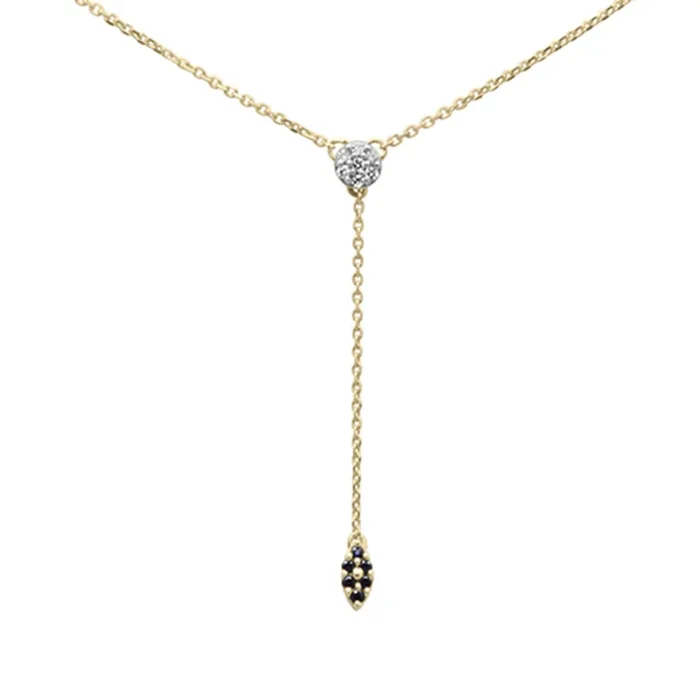 .13ct G SI 14K Yellow Gold Diamond & Blue Sapphire Gemstone Drop Pendant Necklace 18″ Long