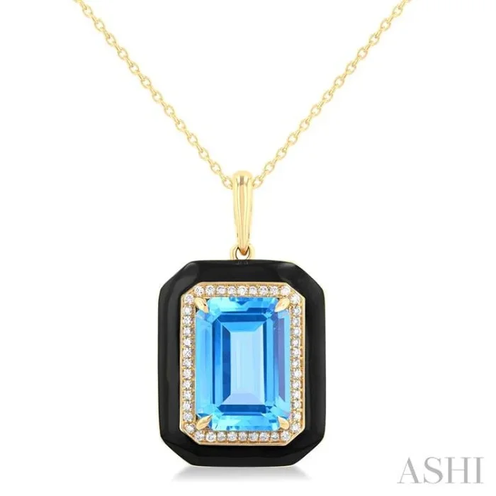 14×10 MM Emerald Cut Blue Topaz and 1/5 Ctw Round Cut Diamond Halo & Black Enamel Border Semi-Precious Pendant With Chain in 14K Yellow Gold