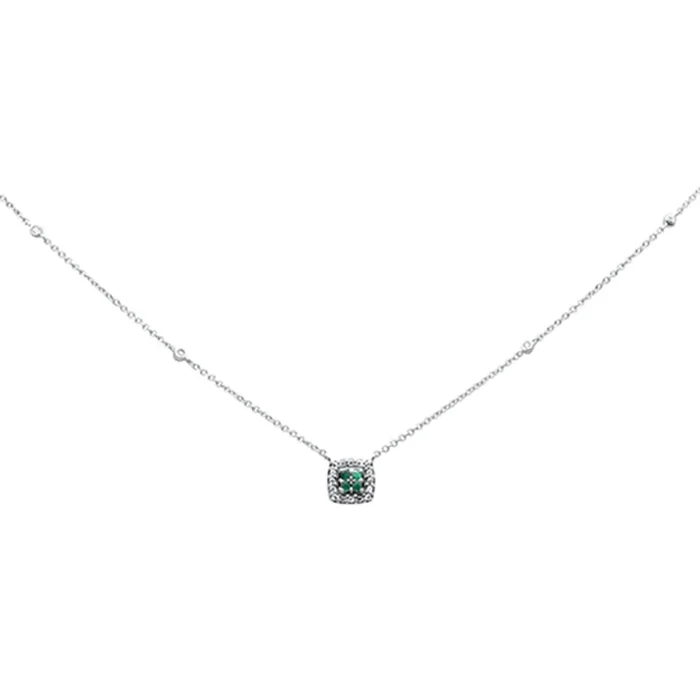 .14ct G SI 14K White Gold Diamond & Emerald Gemstone Pendant Necklace 18″ Long