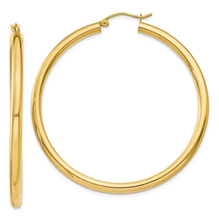 14K 3x50mm Polished Tube Hoop Earrings