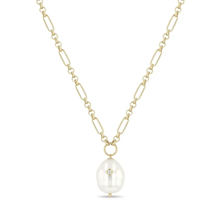 14k Diamond Baroque Pearl Paperclip Rolo Chain Necklace