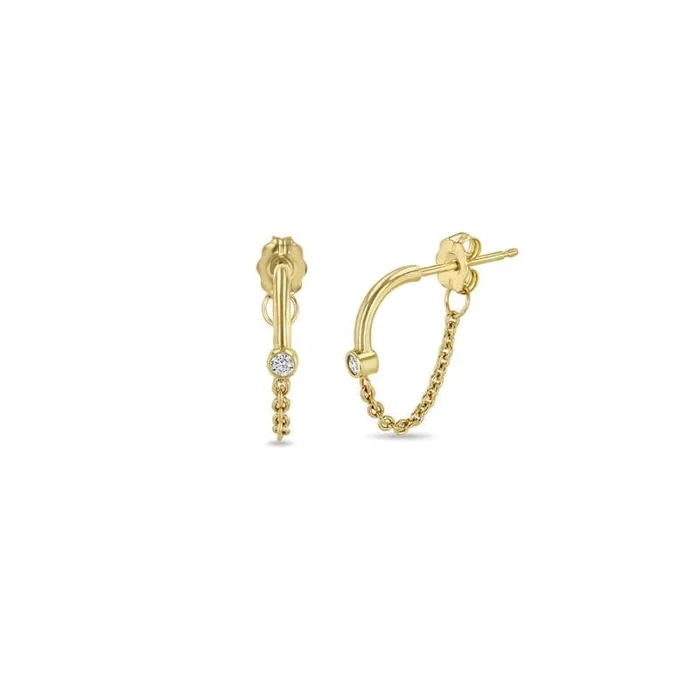 14k Diamond Bezel Mixed Wire & Chain Huggie Hoops