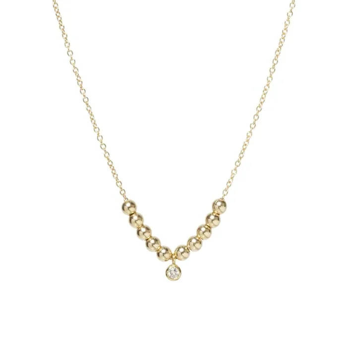 14k Gold Bead Necklace With Diamond Center