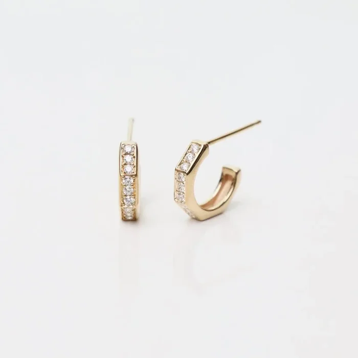 14k Gold Octagon Huggie Hoops with Pave Diamonds