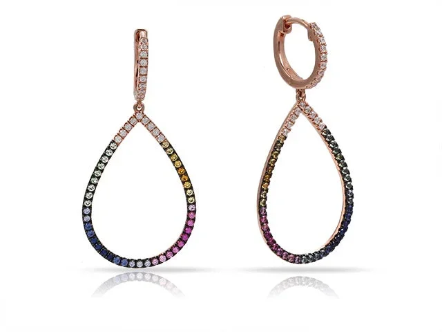 14K ROSE GOLD .35 CTW DIAMOND AND MULTI COLOR SAPPHIRE TEARDROP SHAPE DROP EARRINGS