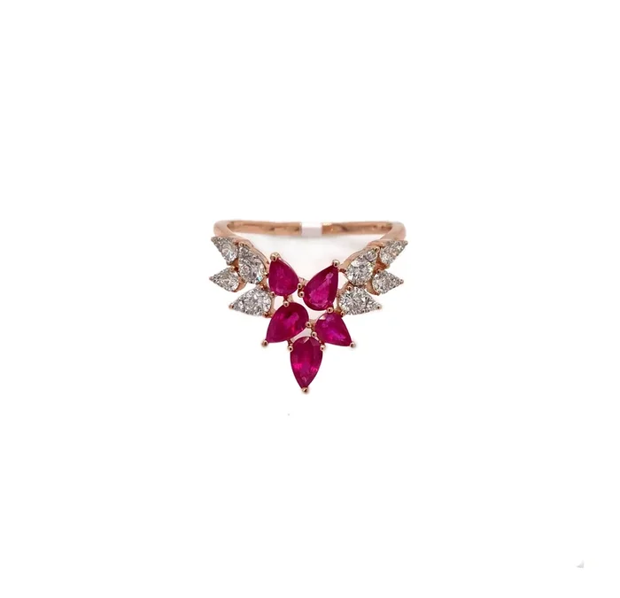14K ROSE GOLD .54 CTW DIAMOND AND .98 CTW RUBY CHEVRON FREEFORM RING