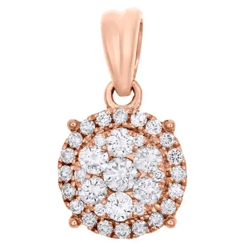 14K Rose Gold Cluster Diamond 4 Prong Flower Pendant 0.70″ Ladies Charm 0.25 CT.