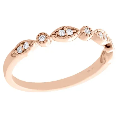 14K Rose Gold Diamond Anniversary Ring Stackable Milgrain Wedding Band 1/10 CT.