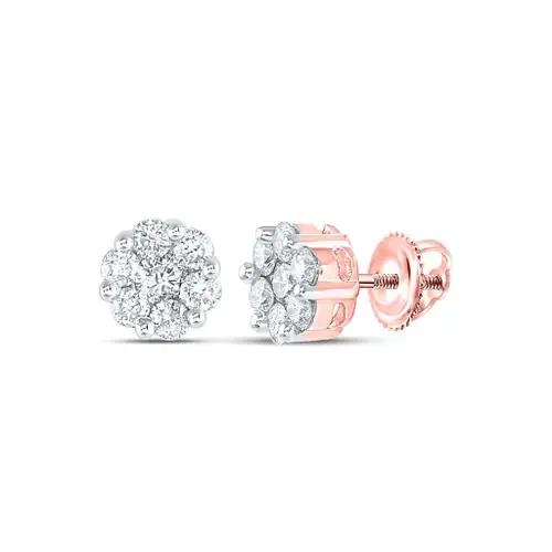 14K Rose Gold Genuine Diamond Unisex Floral 7.5mm Flower Set Stud Earrings 1 CT