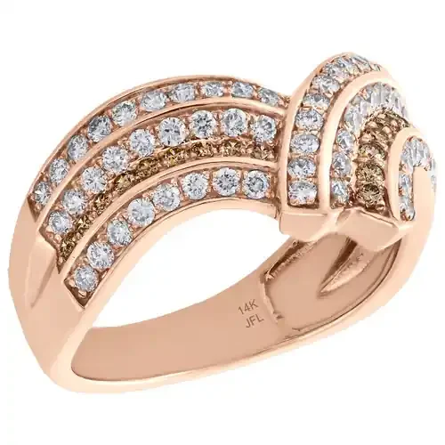 14K Rose Gold Ladies Brown Diamond 4 Row Bypass Right Hand Cocktail Ring 7/8 Ct.