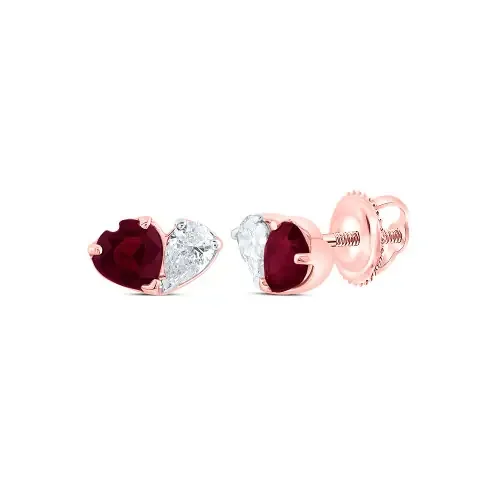 14K Rose Gold Natural Ruby & Real Diamond Women‘s 4mm Heart Stud Earrings 3/8 CT