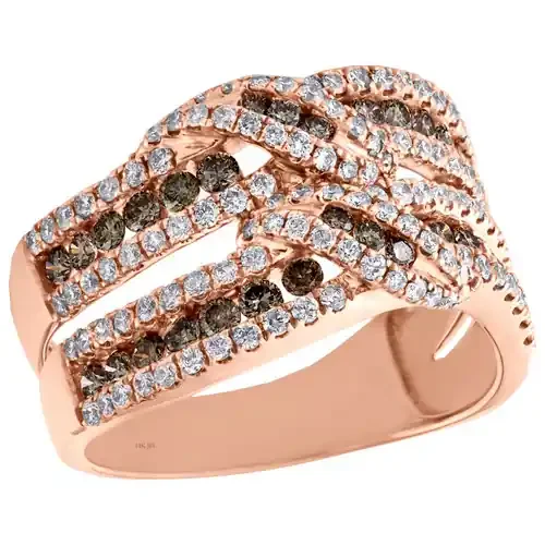 14K Rose Gold White & Brown Diamond Channel Set Crossover Statement Ring 1.33 Ct