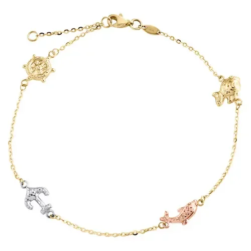 14K Tri-Color Gold Fancy Link Chain Statement 11mm Multi Charm Anklet 9″+ 1″ Ext