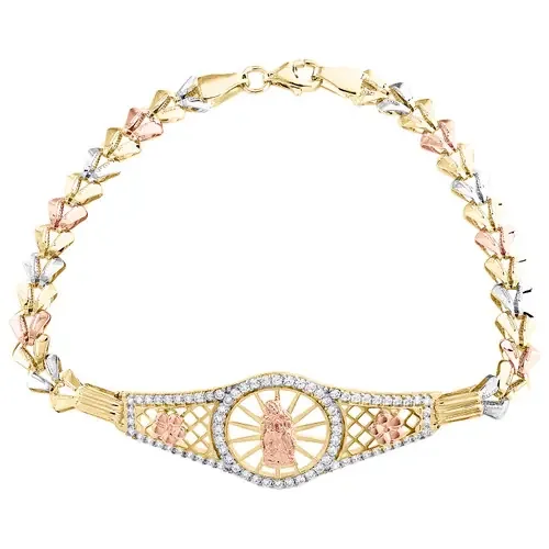 14K Tri Color Gold Fancy Link Mother Mary 15mm ID Statement CZ Bracelet 7.25″