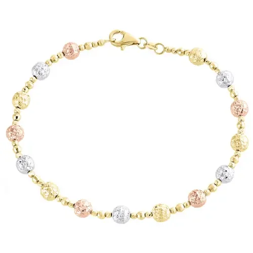 14K Tri Color Gold Texture Moon Cut / Candy Bead 5mm Fancy Italian Bracelet 7″