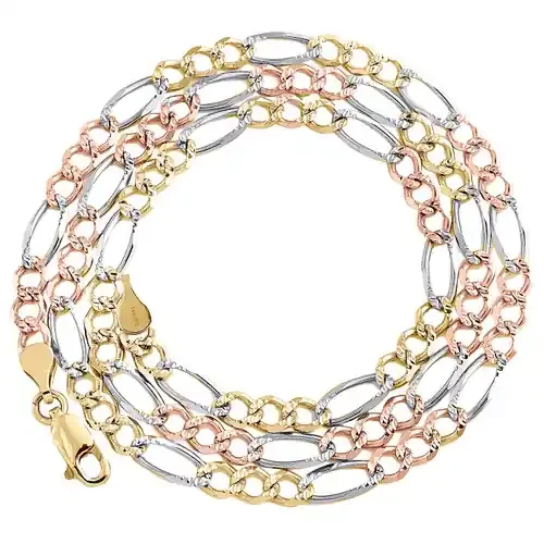 14K Tri Color Gold Unisex 4mm Diamond Cut Solid Figaro Link 20″ Necklace / Chain