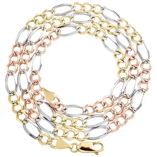 14K Tri Color Gold Unisex 5mm Diamond Cut Solid Figaro Link 20″ Necklace / Chain