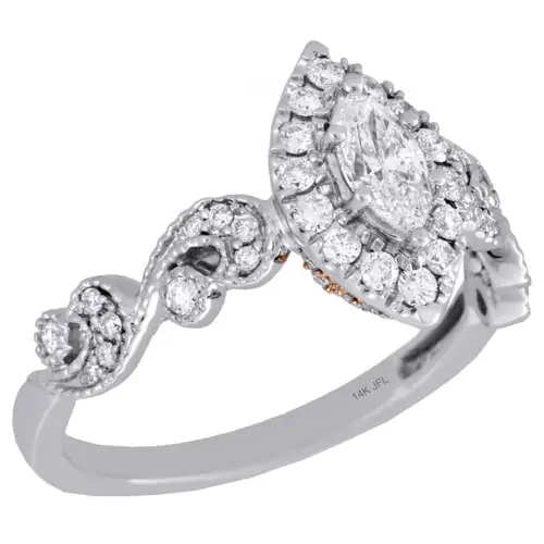 14K Two Tone Gold Marquise Solitaire Diamond Halo Swirl Engagement Ring 0.75 Ct.