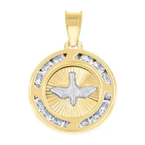 14K Two Tone Gold Round CZ Unisex 0.75″ Small Charm Peace Dove in Circle Pendant