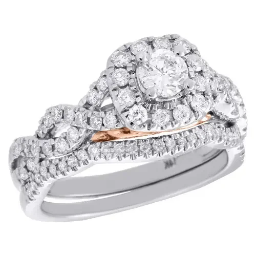 14K Two Tone Gold Solitaire Diamond Wedding Bridal Set Braided Halo Ring 1 CT.