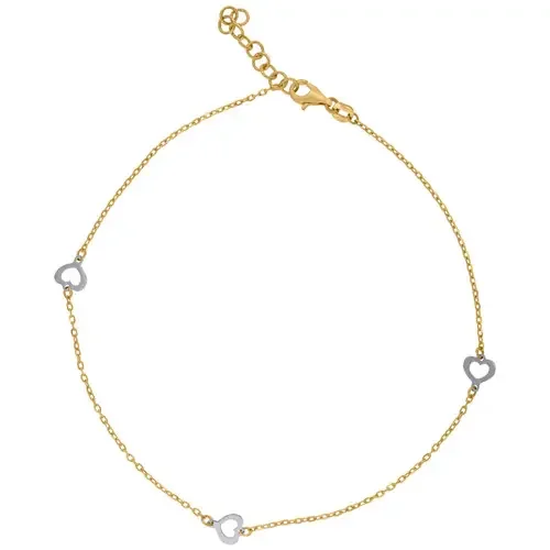 14K Two Tone Gold Women‘s Stationed Open Heart Charm Cable Anklet 9.5″ + 1″ Ext