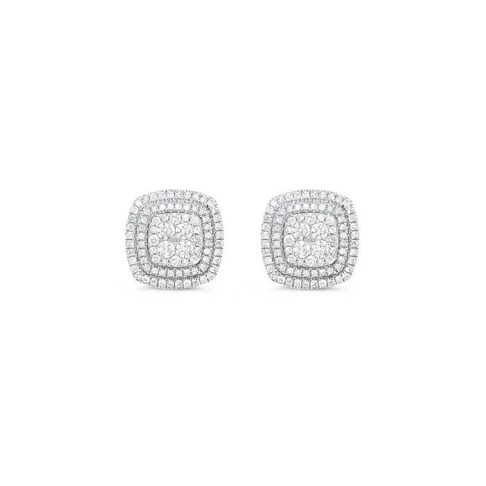 14K WHITE GOLD 1.30 CTW DIAMOND DOUBLE HALO CUSHION STUD EARRINGS
