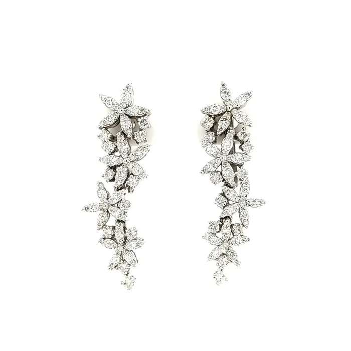 14K WHITE GOLD 1.43 CTW DIAMOND FLOWER DESIGN LINEAR EARRINGS