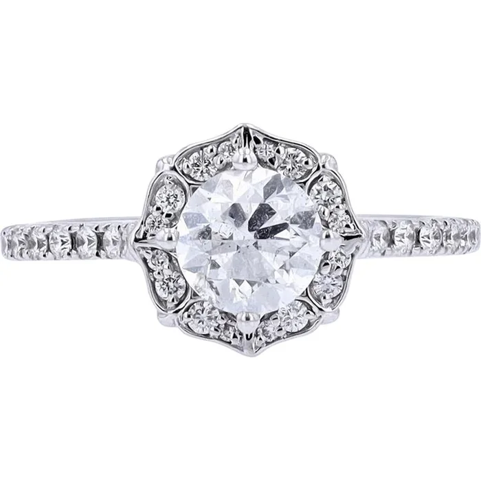 14K White Gold 1 Carat Round Center Halo Diamond Engagement Ring