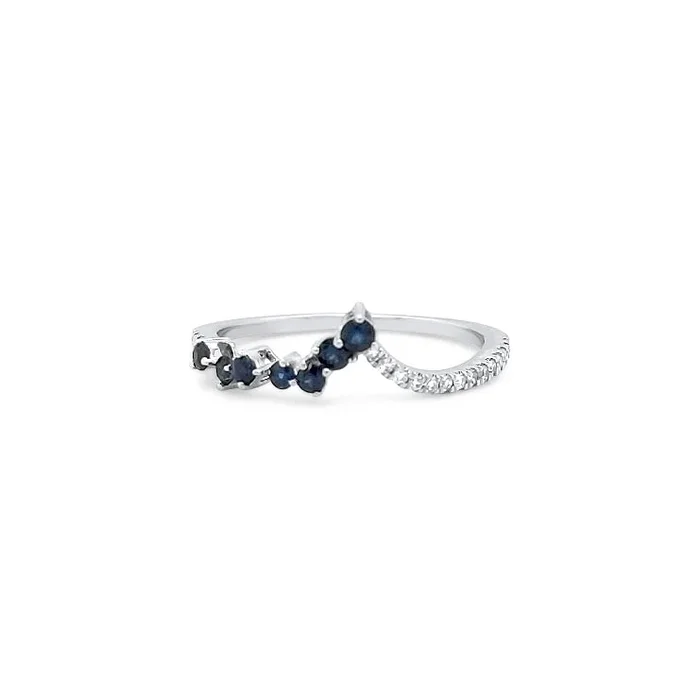 14K WHITE GOLD .10 CTW DIAMOND AND .25 CTW SAPPHIRE V SHAPE CHEVRON RING