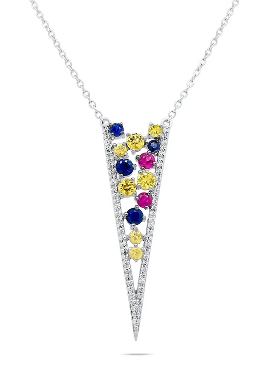 14K WHITE GOLD .12 CTW DIAMOND AND .79 CTW COLORED STONE V NECKLACE