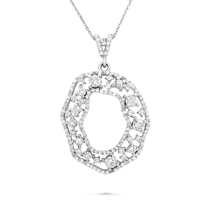 14K WHITE GOLD 2.85 CTW DIAMOND WAVE OVAL PENDANT NECKLACE