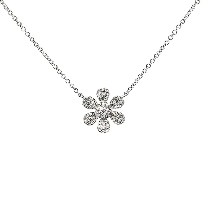 14K WHITE GOLD .24 CTW DIAMOND PAVE FLOWER NECKLACE