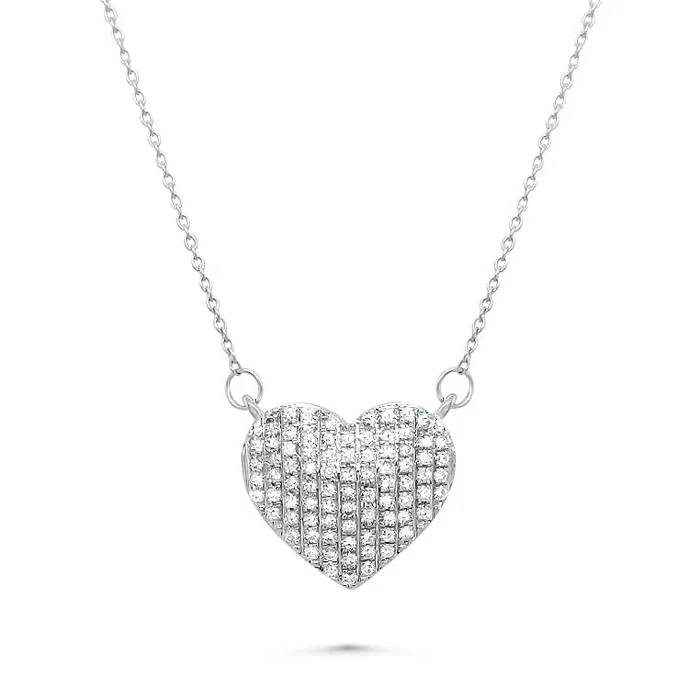 14K WHITE GOLD .25 CTW DIAMOND PAVE PUFF HEART NECKLACE PENDANT