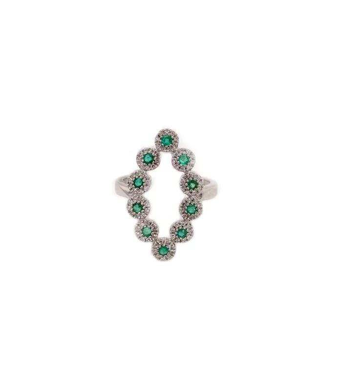 14K WHITE GOLD .26 CTW DIAMOND AND .32 EMERALD OPEN MARQUISE SHAPE HALOS RING