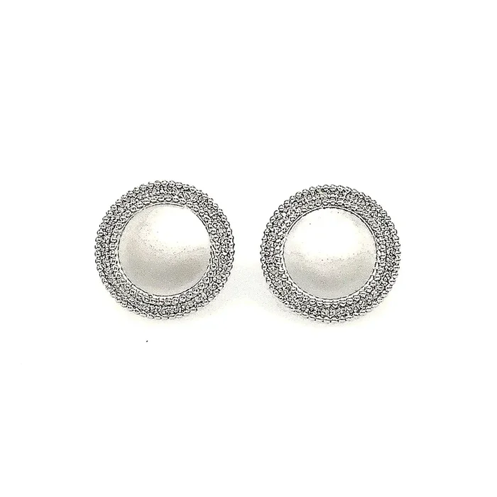 14K WHITE GOLD .30 CTW ROUND MATTE CUFFLINKS WITH PAVE AND MILGRAIN BORDER