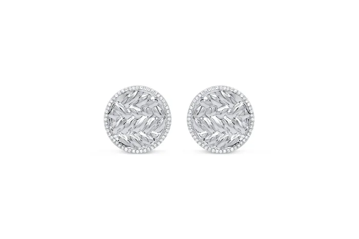 14K WHITE GOLD .36 CTW DIAMOND BORDER ROUND CUFFLINKS WITH WEAVE DESIGN