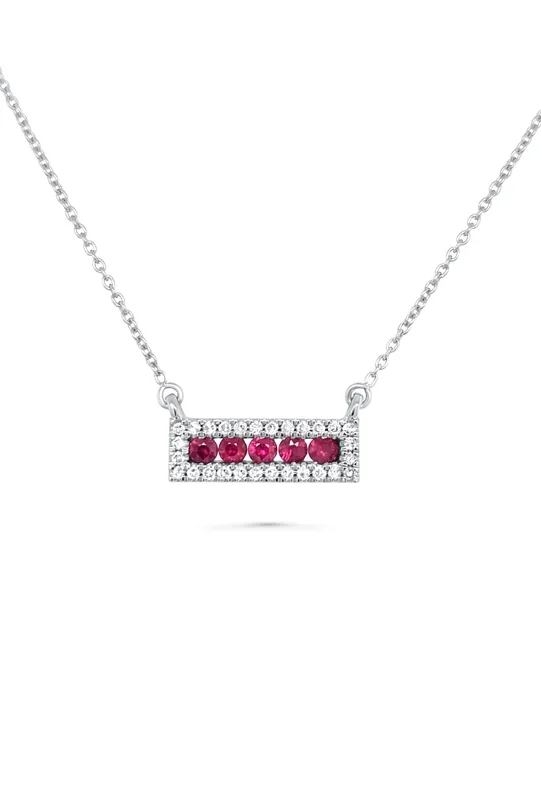 14K WHITE GOLD .54 CTW DIAMOND AND RUBY BAR NECKLACE