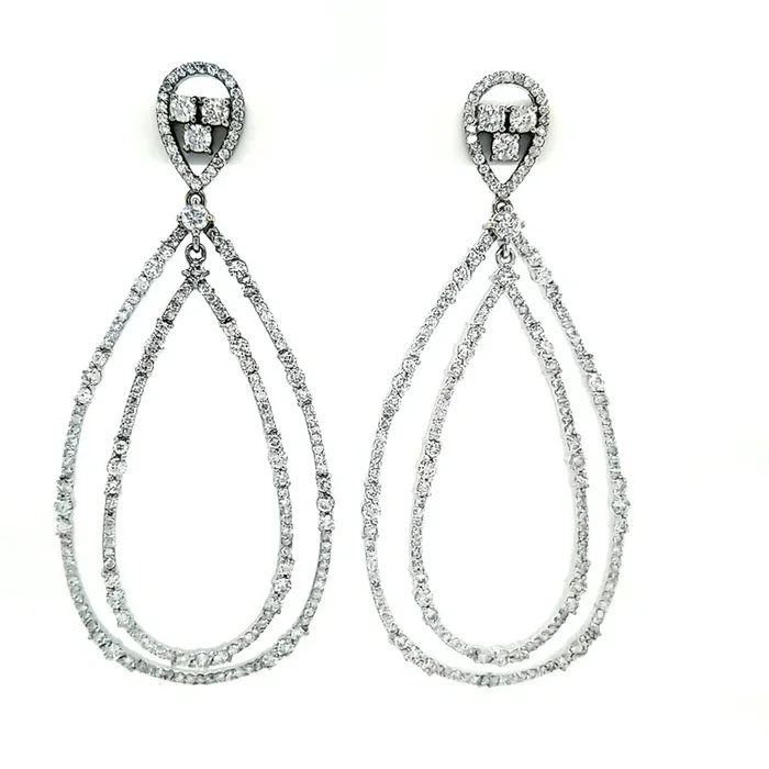14K WHITE GOLD 6.37 CTW DIAMOND DOUBLE TEARDROP EARRINGS