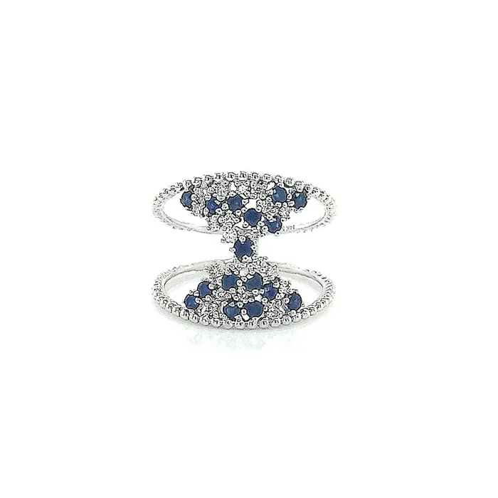 14K WHITE GOLD .64 CTW BLUE SAPPHIRES AND .18 CTW DIAMOND BEADED RING